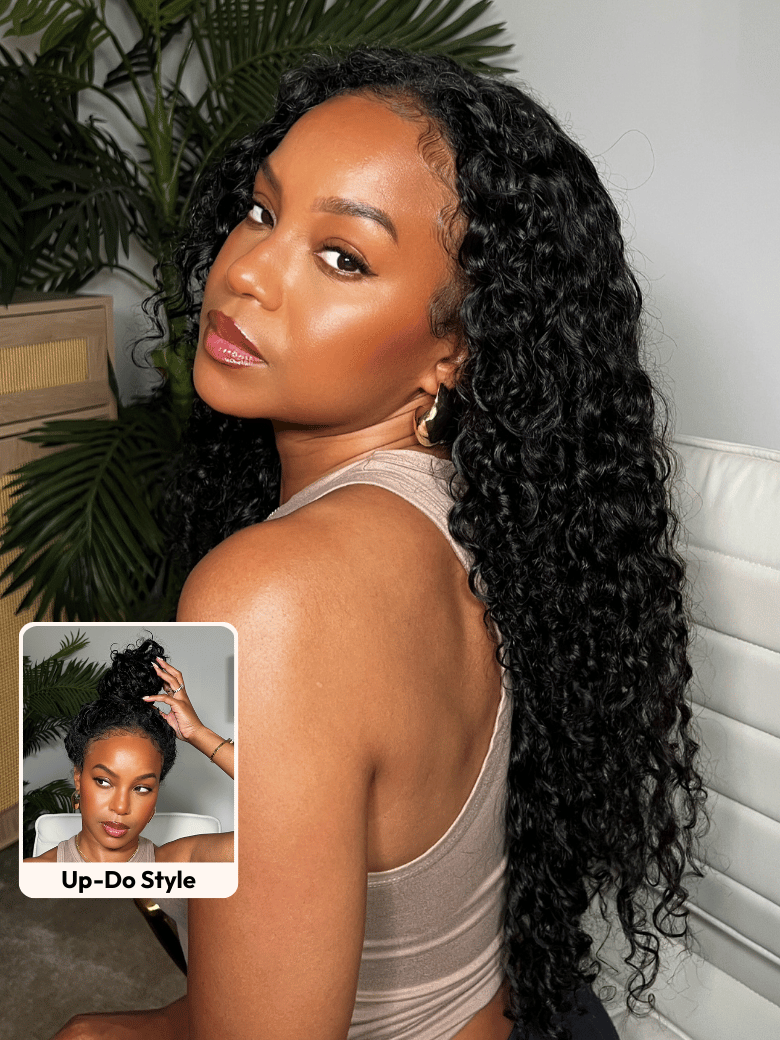 UNice InvisiBlendâ¢ V Part Bouncy Water Wave Curly Seamless Blending Wig With Drawstring 150% Density Protect Your Natural Hair