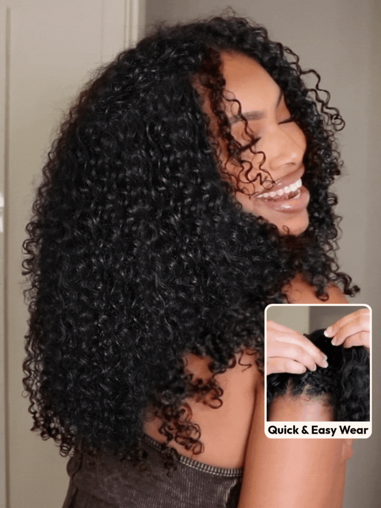 UNice InvisiBlendâ¢ V part Jerry Curly Wig With Invisi Drawstring 100% Human Hair Minimal Leave Out Protect Your Natural Hair 180% Density