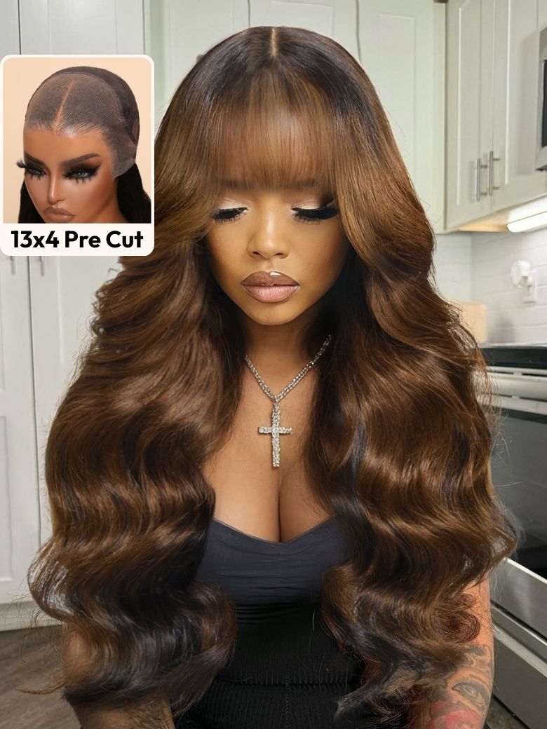 UNice Bye-Bye Knots 13x4 Black with Brown Money Piece Natural Fluffy Loose Wave Curtain Bangs Wig