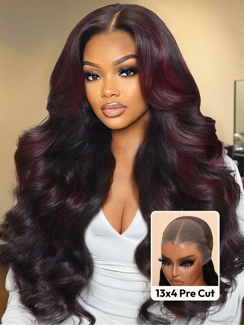 UNice 13x4 Pre-Everythingâ¢ Lace Frontal Deep Burgundy Highlights Loose Wave Drawstring Wig with Face Framing Layers
