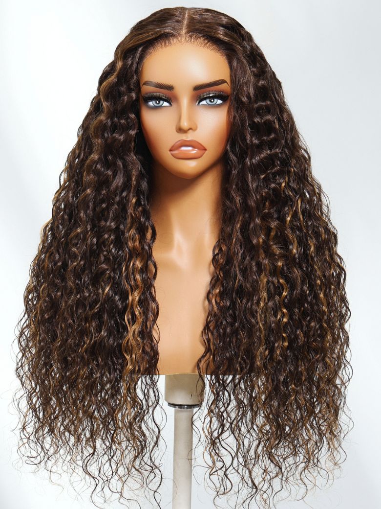 [From 20 Inch]UNice Bye-Bye Knotsâ¢ 7x5 Lace Dark Toffee Brown with Auburn Highlights Water Wave Wig with Invisi Drawstring