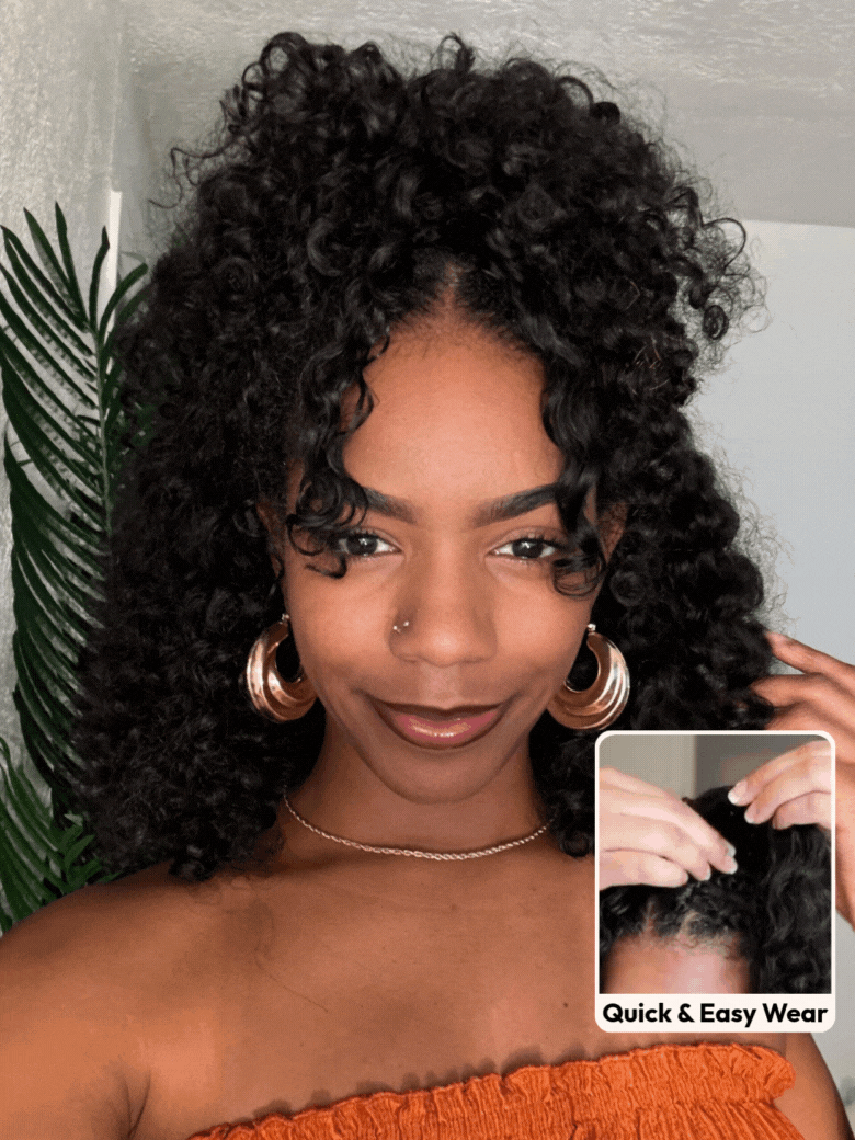UNice InvisiBlendâ¢ V part Jerry Curly Wig With Invisi Drawstring 100% Human Hair Minimal Leave Out Protect Your Natural Hair 180% Density
