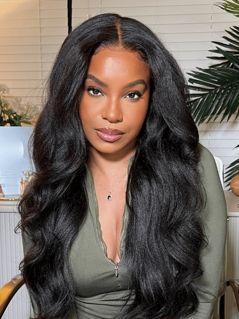 [18=$99] EasiContour™ V Part Glueless Yaki Straight Natural Black Wig With Invisi Drawstring 100% Human Hair