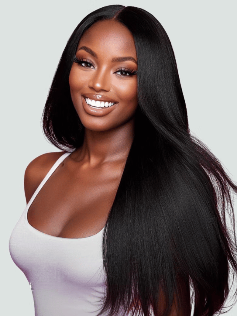 [18""=$99] UNice EasiContourâ¢ V Part Glueless Yaki Straight Wig With Invisi Drawstring 100% Human Hair 180% Density