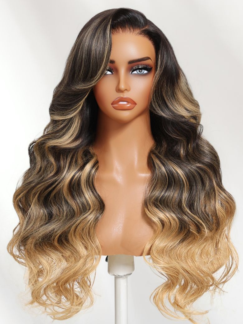 UNice Bye-Bye Knotsâ¢ Black With Blonde Highlights 7x5 Lace Loose Wave Wig With Face Framing Layers