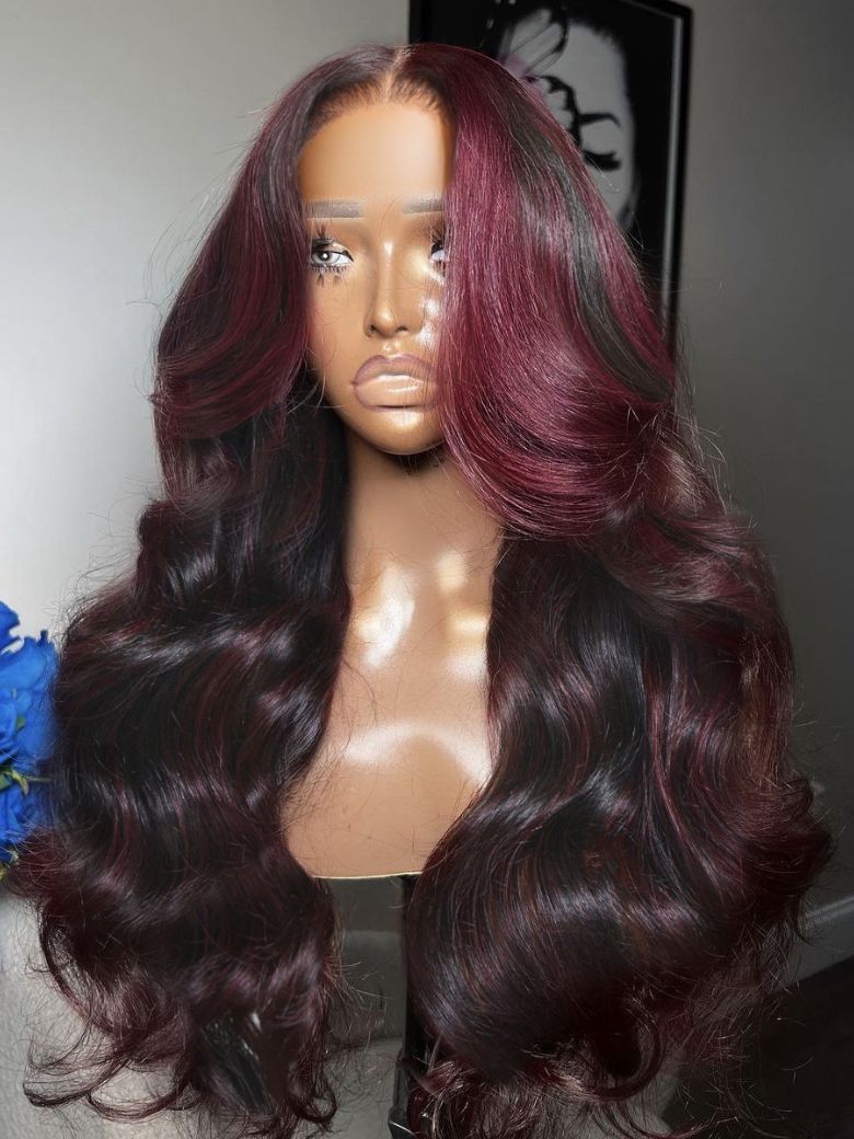 UNice 13x4 Pre-Everythingâ¢ Lace Frontal Deep Burgundy Highlights Loose Wave Drawstring Wig with Face Framing Layers