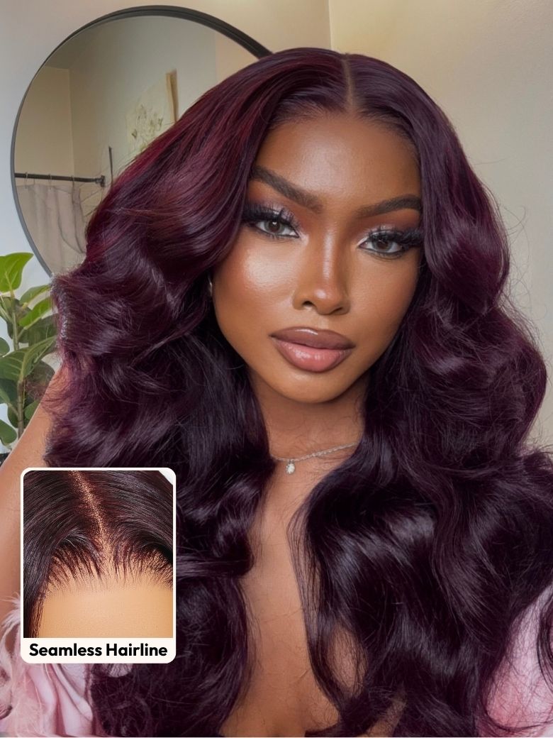 UNice 7x5 Bye-Bye Knotsâ¢ & 13x4 Pre-Everythingâ¢ Lace Frontal Purple Black Cherry Layered Straight & Loose Wave With Invisi Drawstring Wig