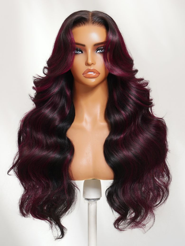 UNice 13x4 Pre-Everythingâ¢ Lace Frontal Black With Burgundy Highlights Loose Wave Wig with Face Framing Layers
