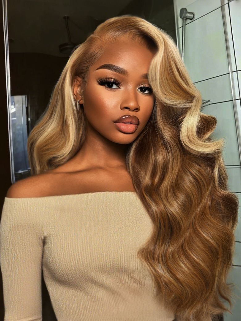 UNice 13x4 Pre-Everythingâ¢ Lace Frontal Honey Blonde Highlights Fluffy Loose Wave Curtain Bangs Wig