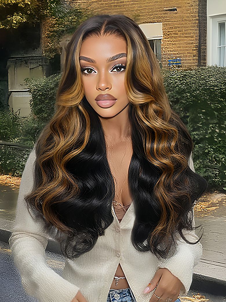UNice Bye-Bye Knots 7x5 Lace Black with Caramel Blonde Highlights Body Wave Wig