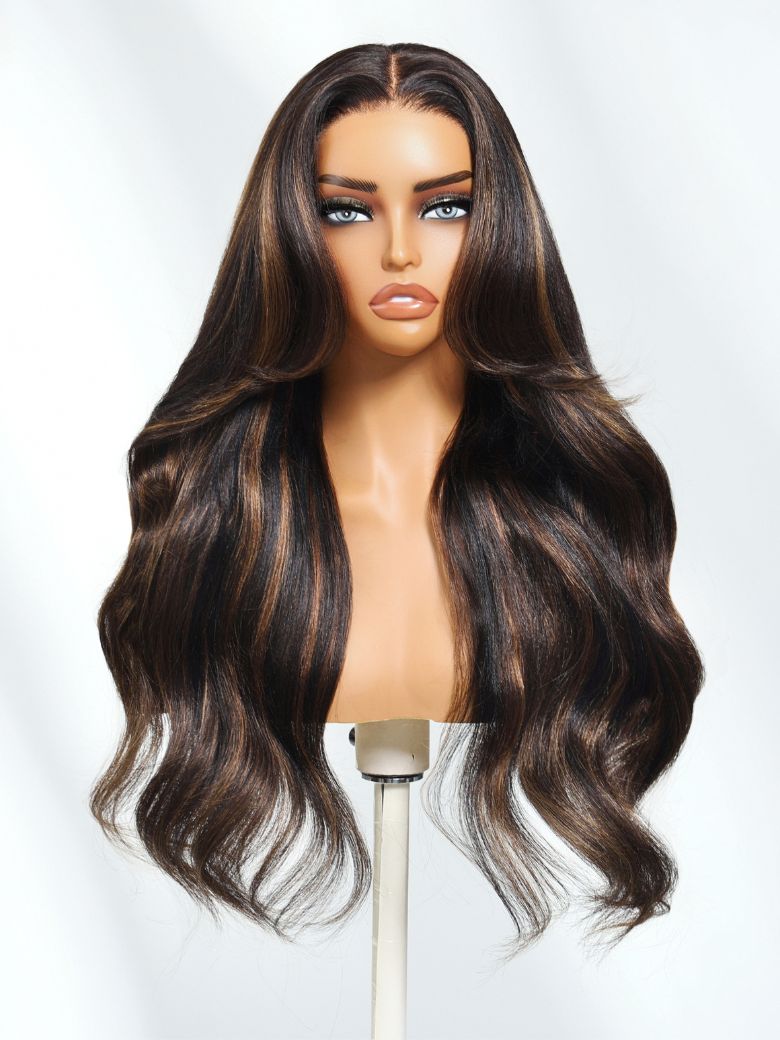 UNice 13x4 Pre-Everythingâ¢ Lace Frontal Brown With Caramel Highlights Yaki Loose Wave Drawstring Wig