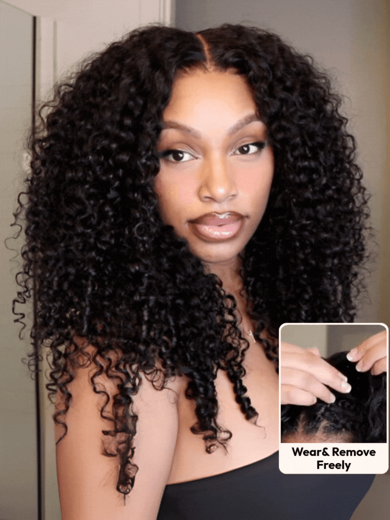 UNice InvisiBlendâ¢ V Part Curly Texture Drawstring Human Hair Wig With Finger Coil Ends