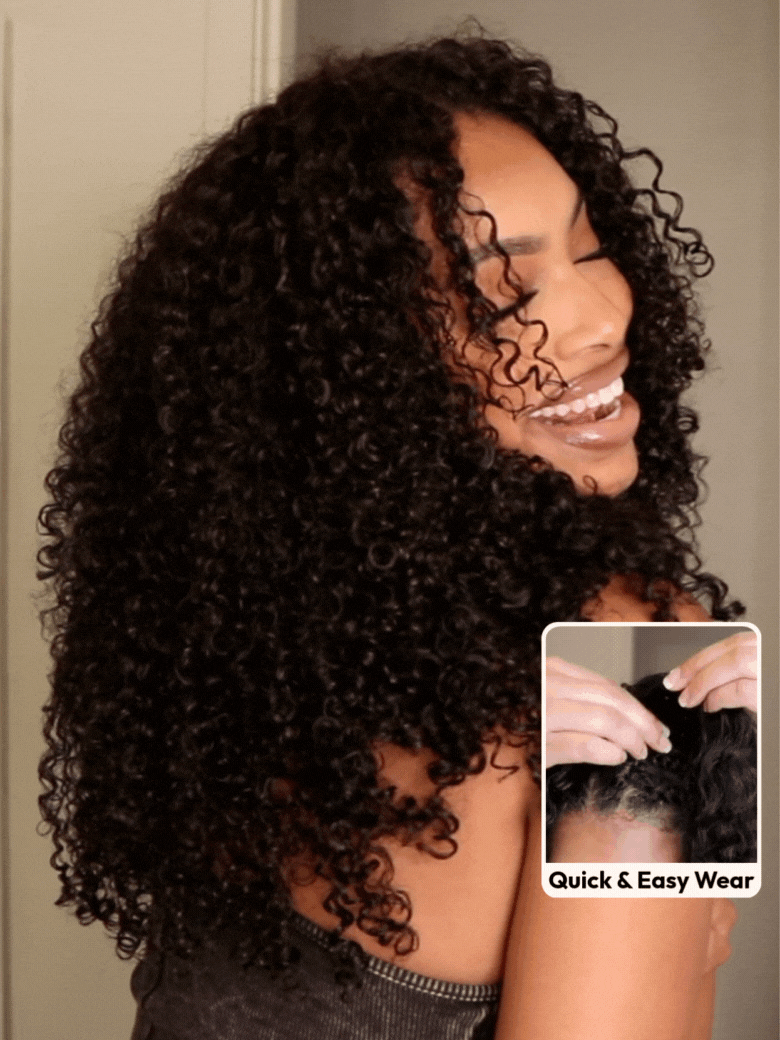 UNice InvisiBlendâ¢ V part Jerry Curly Wig With Invisi Drawstring 100% Human Hair Minimal Leave Out Protect Your Natural Hair 180% Density