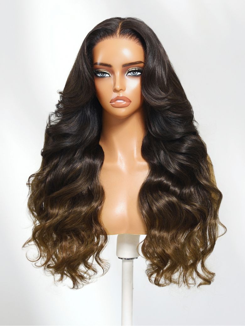 UNice 13x4 Pre-Everythingâ¢ Lace Frontal Chestnut Brown Ombre Loose Wave Drawstring Wig with Face Framing Layers
