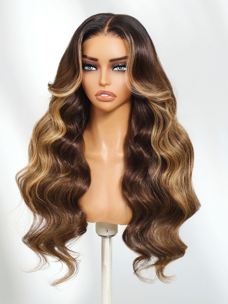 UNice 13x4 Pre-Everythingâ¢ Lace Frontal Brown with Honey Blonde Highlights Loose Wave Drawstring Wig with Face Framing Layers