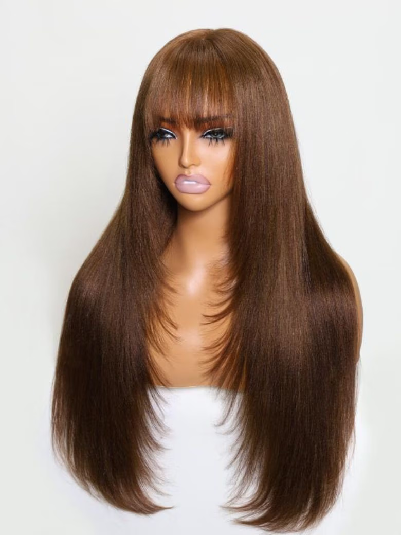 [BOGO] UNICE Yaki Straight Human Hair Wigs with Bangs 2x4 Lace Chocolate Brown Layered Cut Glueless Wigs Ready to Wear Wig