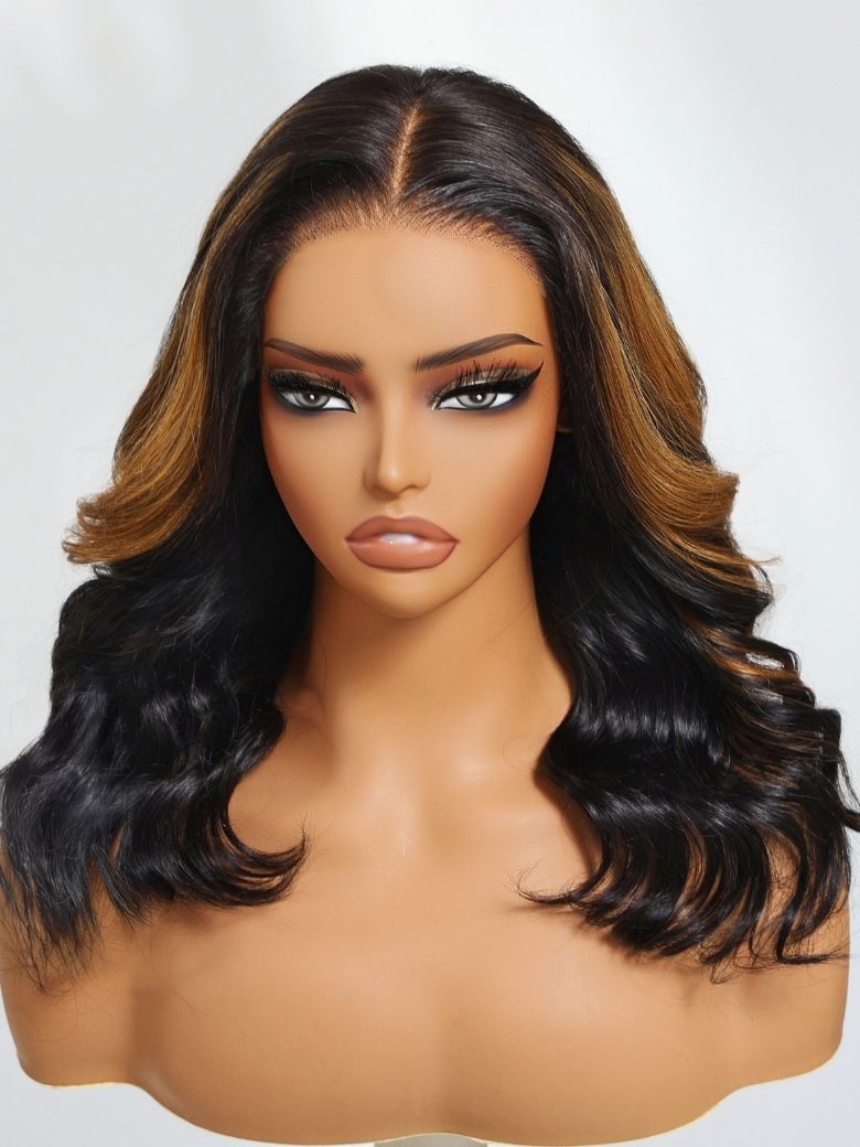 Black with Caramel Blonde Highlights UNice Bye-Bye Knots 7x5 Lace Body Wave Wig 248$