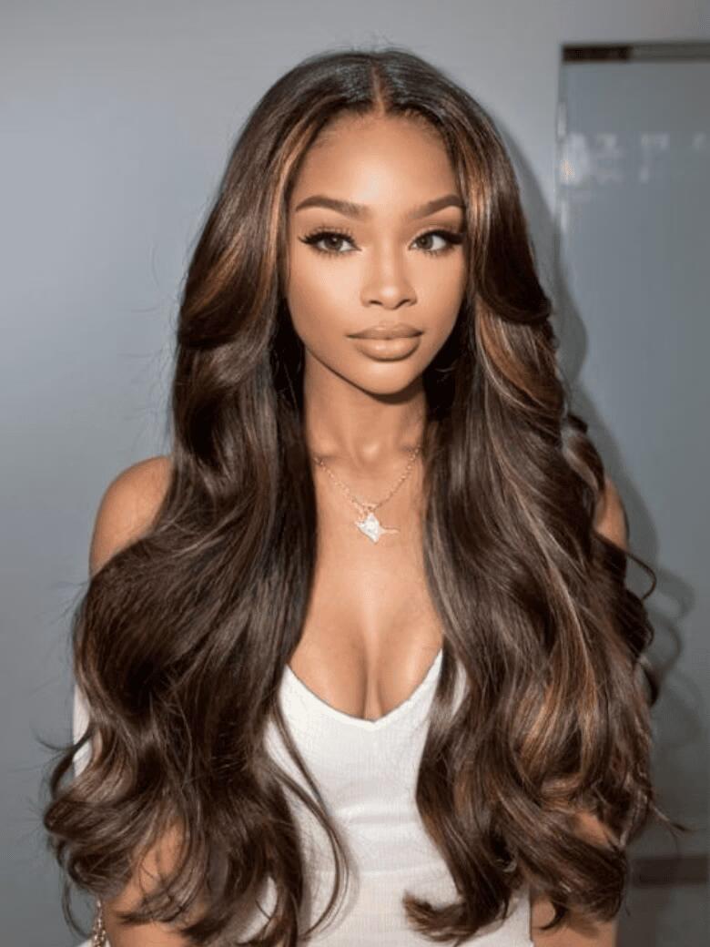 UNice 13x4 Pre-Everything Lace Frontal Brown With Caramel Highlights Yaki Loose Wave Drawstring Wig 193$
