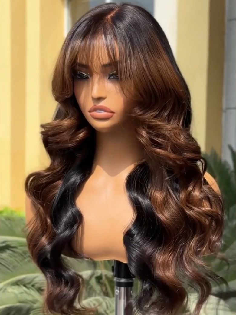 UNice Bye-Bye Knots 13x4 Black with Brown Money Piece Natural Fluffy Loose Wave Curtain Bangs Wig 199$