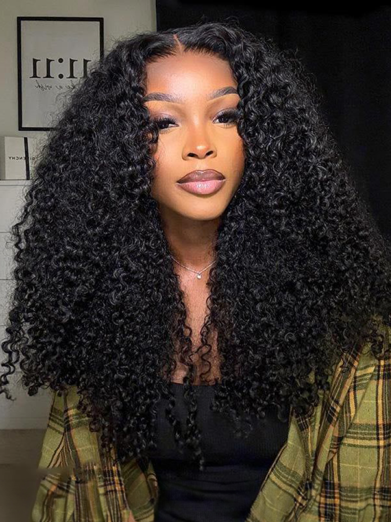 [22=$98] Kinky Curly Super Bouncy Middle Part Lace Natural Black Human Hair Wigs