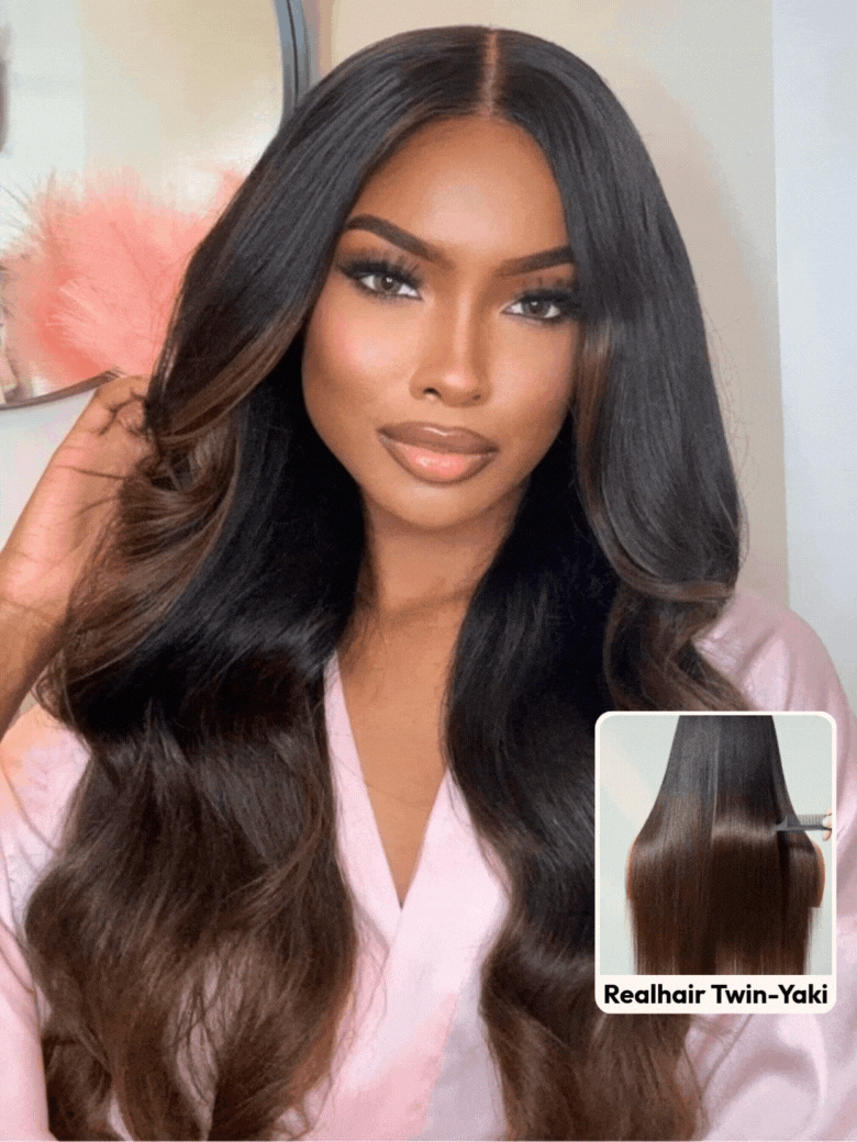 UNice Bye-Bye Knots 7x5 13x4 Lace Black to Chestnut Brown Ombre Yaki Straight Wig With Invisi Drawstring 174$