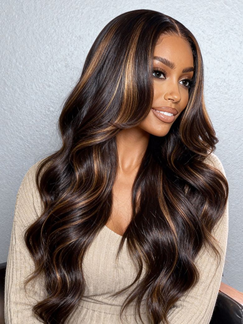 UNice 13x4 Pre-Everythingâ„¢ Lace Frontal Brown With Caramel Highlights Yaki Loose Wave Drawstring Wig