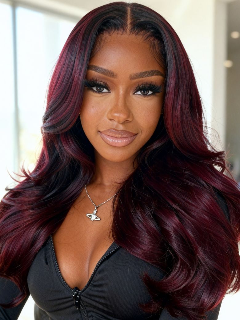 [24''=$129] UNice 13x4 Pre-Everything™ Lace Frontal Deep Burgundy Highlights Loose Wave Drawstring Wig with Face Framing Layers