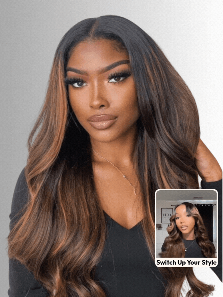 [Ship within 24H]UNice 7×5 Bye Bye Knotsâ¢ Wig Glueless Lace Balayage Highlight Body Wave Drawstring Curtain Bangs Wig