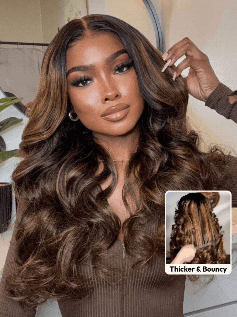 Balayage Highlight 7×5 Bye Bye Knots Wig Glueless Lace Body Wave Drawstring Curtain Bangs Wig