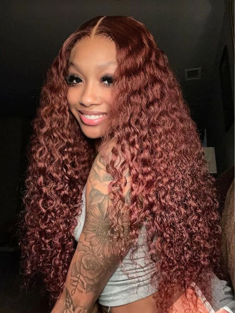 [24=$123] 6x4.5 Pre Cut Glueless Lace Reddish Brown/Honly Blonde Highlight Curly Wig With Bleached Knots