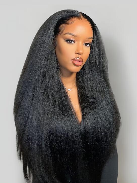[22''=$99] Lace Part Kinky Straight Natural Black Pre-plucked Human Hair Wigs Breathable No Baby Hair 150% Density