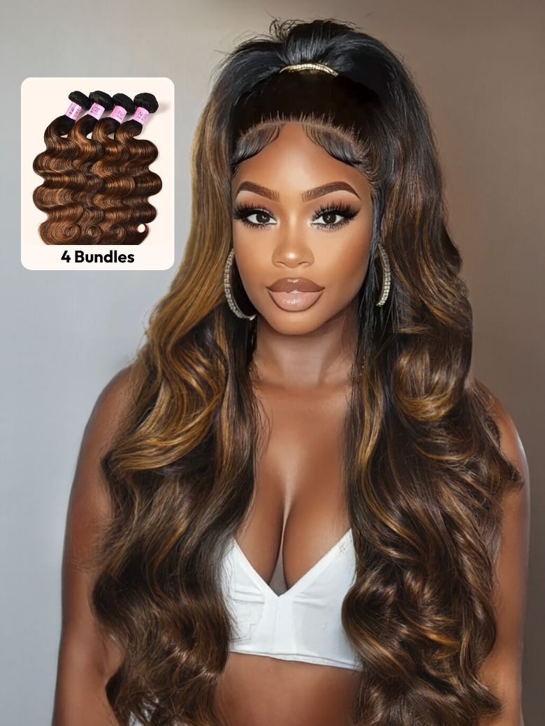 UNice Classic Brown Highlight 4Pcs Human Hair Body Wave Bundles-image-5810
