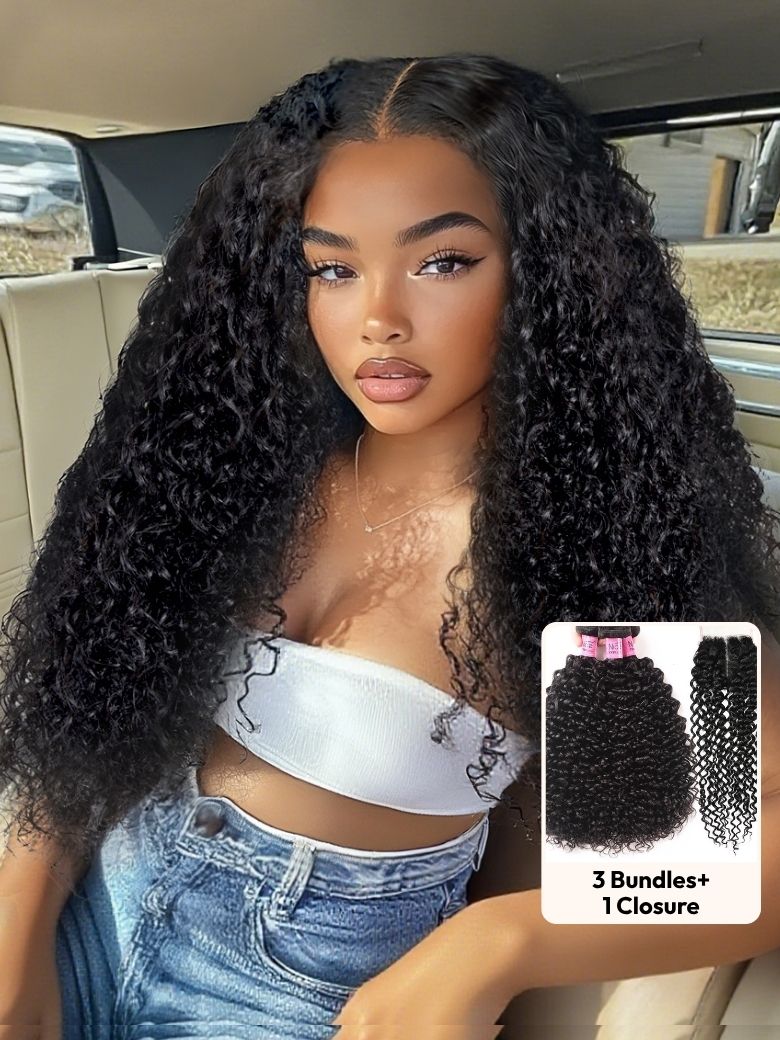 UNice Hair Curly Human Hair 3 Bundles With T Part Lace Closure Virgin Hair Curly Bundles With Closure Full Head Natural Black