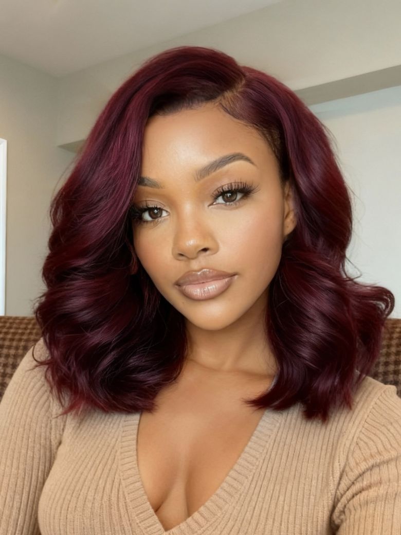 UNice 100% Human Hair Black Cherry Bye-Bye Knotsâ¢ 7×5 Lace Glueless Bob Drawstring Body Wave Wig 150% Density
