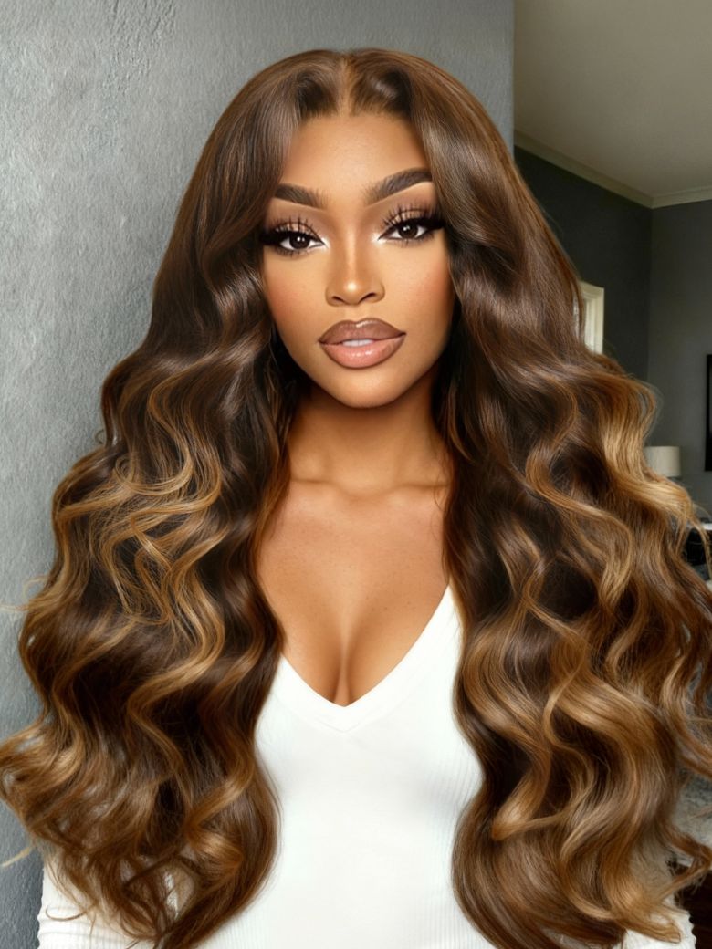 UNice Bye-Bye Slip™ 7x5 Lace Deep Brown with Caramel Higlights Loose Wave Drawstring Glueless Wig