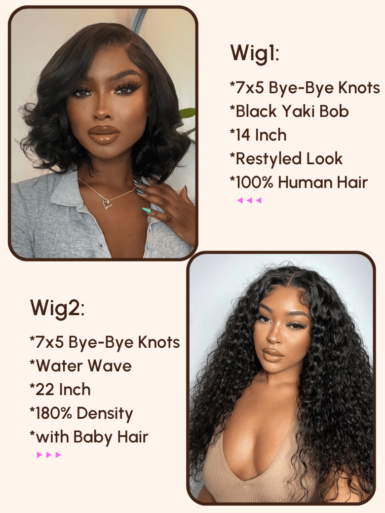 $249=2 Wigs | 22 7x5 Bye-Bye Knots and14 Black Yaki Bob Wig