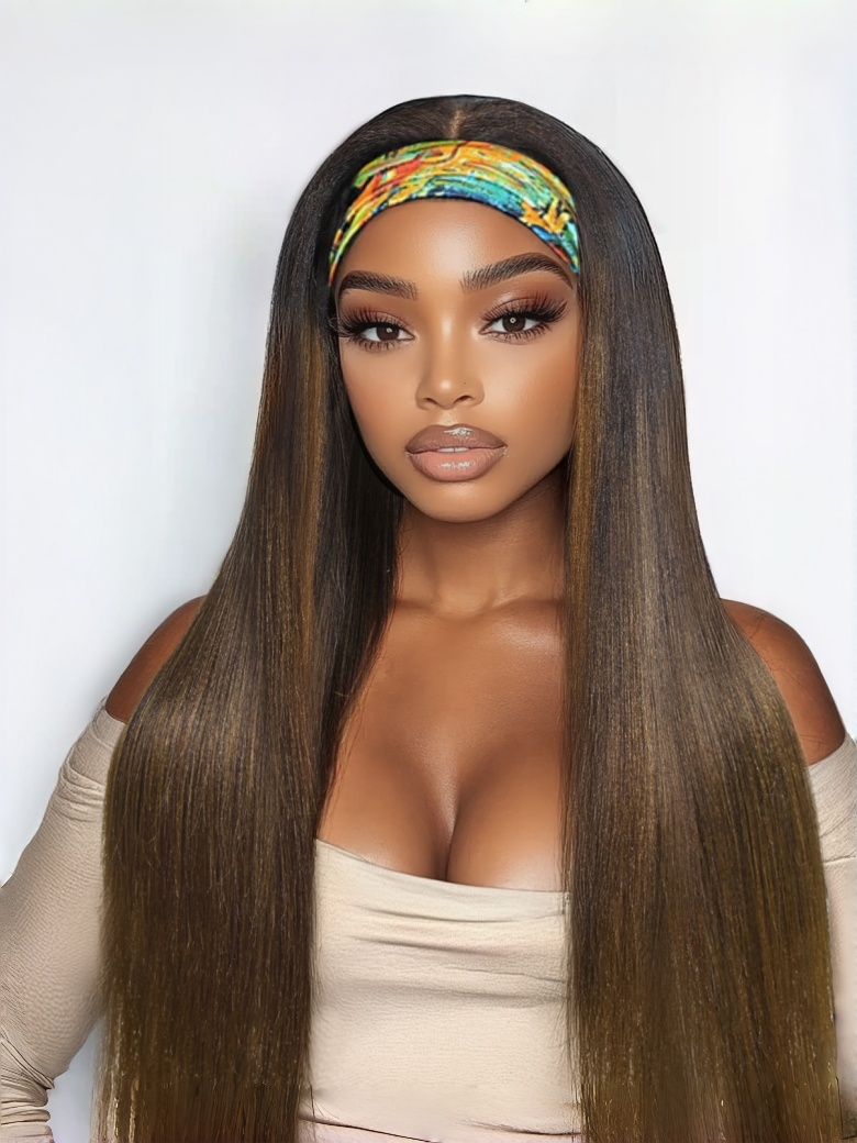 [24=$89] Chestnut Brown Ombre Low Maintenance Put On And Go Yaki Straight Headband Human Hair Wig