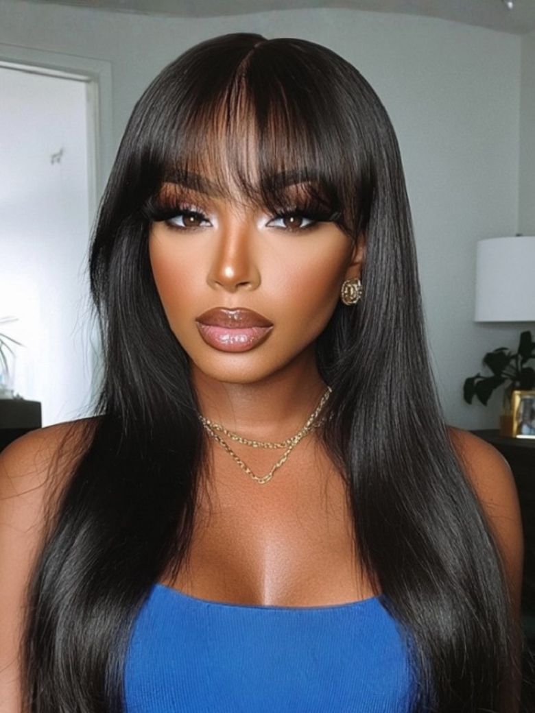24 Inch Yaki Straight Glueless Wig Black Wig Human Hair
