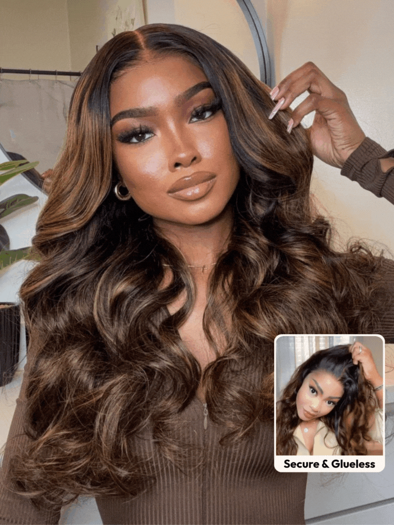 [20-24]UNice 7x5 Bye Bye Slip™ Wig Glueless Lace Balayage Highlight Body Wave Drawstring Curtain Bangs Wig