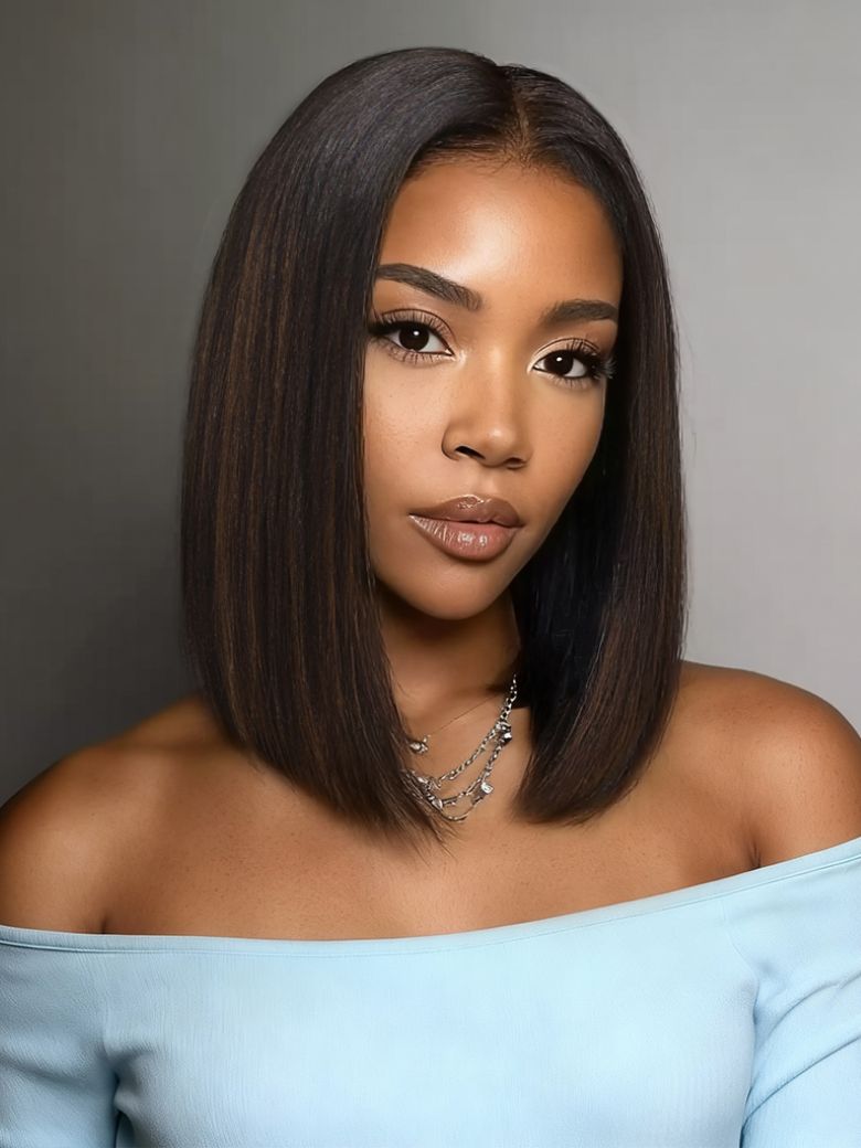 UNice Bye-Bye Knots™ 7x5 Pre-cut Lace Natural Black with Caramel Brown Highlight Yaki Straight Bob Wig