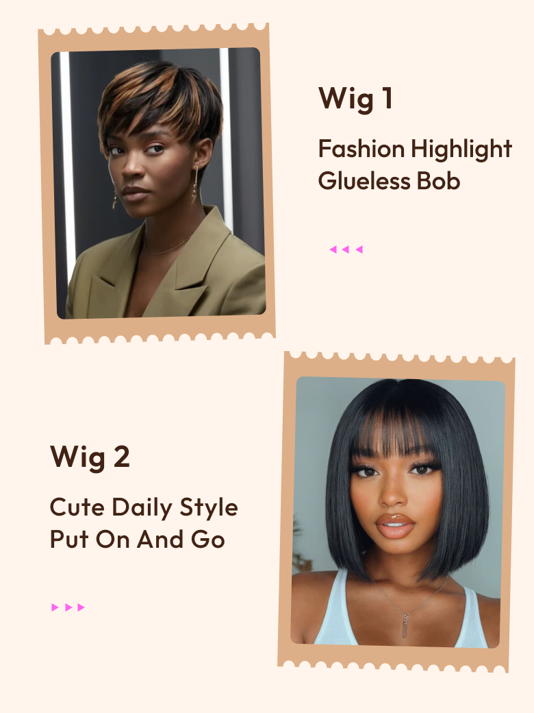 2 Glueless Wigs $59 for Cute Daily Bob Styles Put On And Go