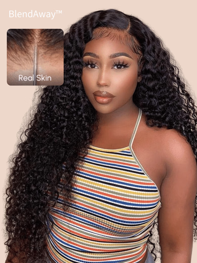 22-24 5x5 Pre Cut Thin HD BlendAway Lace Black Glueless Jerry Curly Wig 180% Density