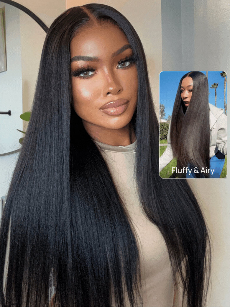 20-26 7x5 Bye Bye Knots Wig Glueless Lace Black Yaki Wig With Bleached Knots Bouncy 150% Density