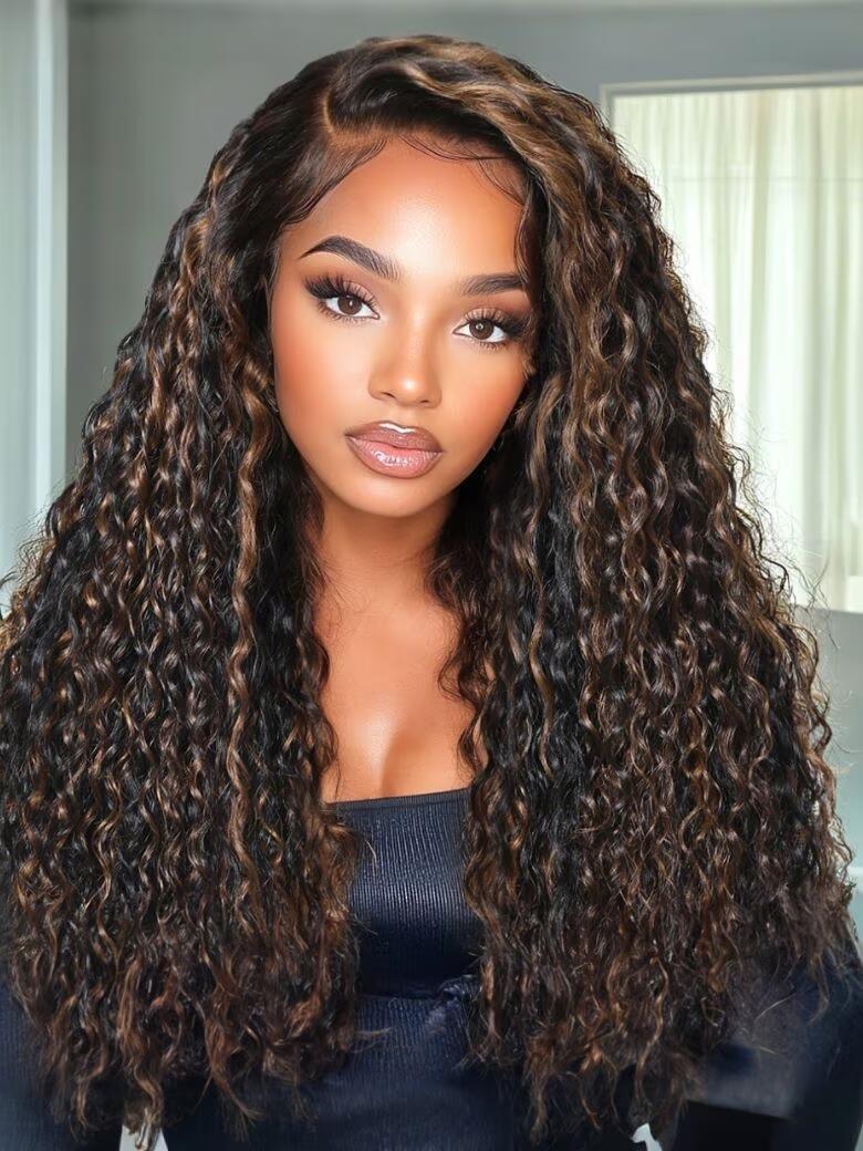 20-24 Highlight Bouncy 13x4 Drawstring Water Wave Curly Pre-Everything Lace Frontal Wig