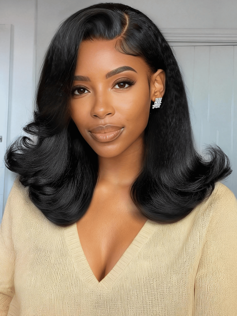 12" Bye-Bye Knots 7x5 Lace Kinky Straight Blowout Drawstring Wig With Flipped Ends & Side Swept Bangs