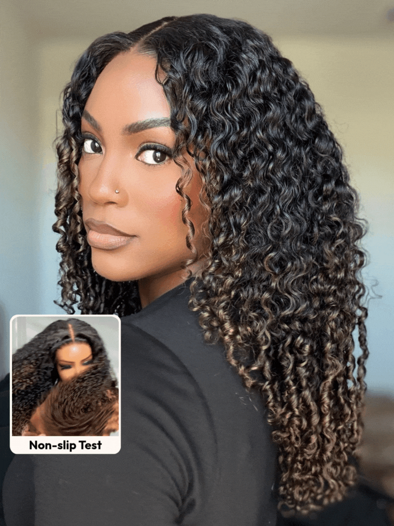 UNice Black to Chestnut Brown Ombre Bye-Bye Knots™ 7x5 Lace Drawstring Glueless Curly Wig With Defined Finger Coil Ends Wig