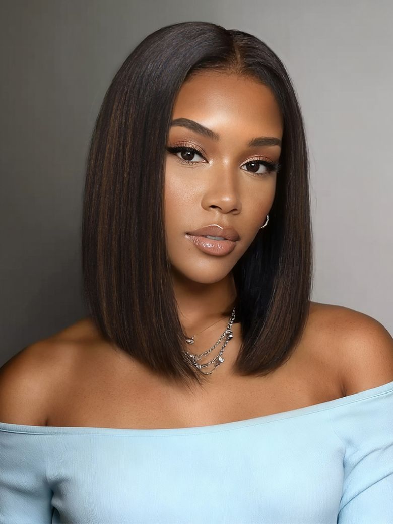 UNice Bye-Bye Knots™ 7x5 Pre-cut Lace Natural Black with Caramel Brown Highlight Yaki Straight Bob Wig