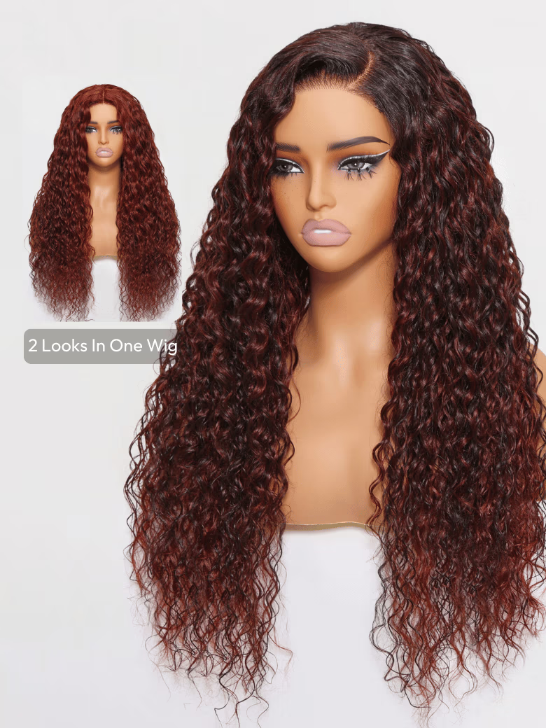 [$200 OFF] 24 180% Density PreCut 4x4 Lace Closure Water Wave Wig Ombre Auburn & Reddish Brown Put On And Go Wig