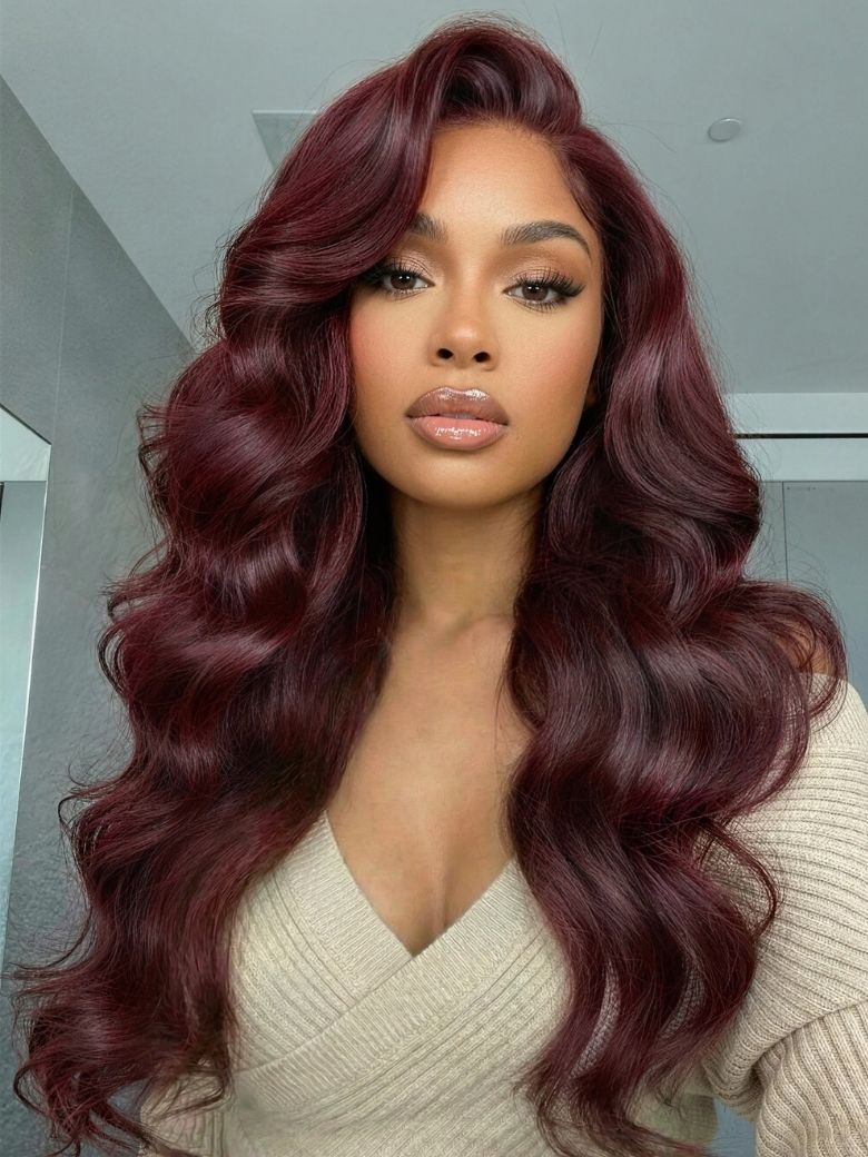 [200% Density] UNice Glueless 100% Human Hair Bye-Bye Knots™ 7x5 Lace Dark Auburn Side Part Big Bouncy Wave Wig with Invisi Drawstring – UNice