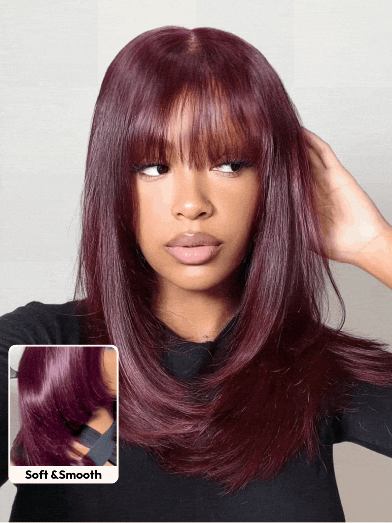 100% Human Hair Black Cherry Bye-Bye Knots™ 7x5 Lace Glueless Bob Drawstring Layer Straight Wig